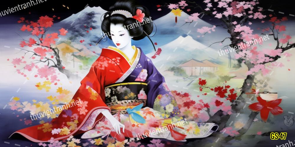 Tranh dán tường hoa cô gái Geisha Nhật Bản-GS-47 - Tranh tường chất lượng cao